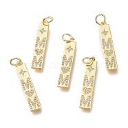 Brass Micro Pave Clear Cubic Zirconia Pendants, with Jump Rings, Long-Lasting Plated, Rectangle & Star & Word & Heart, Golden, 31.5x6x1mm, Hole: 4.5mm(ZIRC-I048-08G)