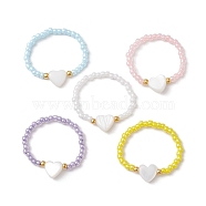 Natural Shell Heart & Glass Seed Beaded Stretch Rings, Mixed Color, US Size 9 3/4(19.5mm)(RJEW-JR00606)