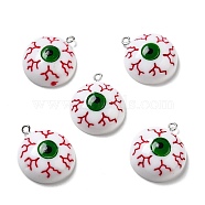 Halloween Opaque Resin Pendants, with Platinum Tone Iron Loops, Half Round with Bloodshot Eye, Green, 27x22.5x8.5mm, Hole: 2mm(RESI-B011-05)