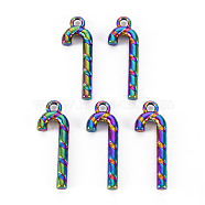 Rainbow Color Alloy Pendants, Cadmium Free & Nickel Free & Lead Free, Christmas Candy Cane, 27x9x3mm, Hole: 2mm(PALLOY-S180-273-NR)