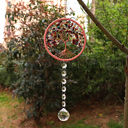 Tree of Life Mixed Gemstone Chip Suncatcher, Glass Teardrop Pendant Decoration, 380mm(DJEW-PW0017-07)