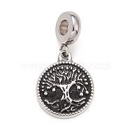 304 Stainless Steel European Dangle Charms, Large Hole Pendants, with Black Enamel, Flat Round with Tree, Stainless Steel Color, 28.5mm, Hole: 4mm, Flat Round: 18x15x2mm(STAS-I194-11P)