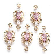 Brass Micro Pave Cubic Zirconia Links Connectors, with Glass, Long-Lasting Plated, Light Gold, Butterfly, Pink, 17.5x7x3mm, Hole: 1.2mm(KK-R111-008-A04)