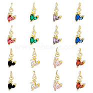 16PCS 8Colors Brass Micro Pave Cubic Zirconia Charms, Real 18K Gold Plated, Cadmium Free & Lead Free, Carrot, Mixed Color, 10x6x2.5mm, Hole: 3.8mm, 2pcs/color(KK-DC0003-76)