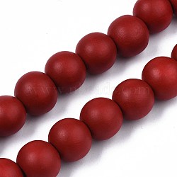 Spray Painted Natural Wood Beads Strands, Round, FireBrick, 15~16x14~15mm, Hole: 3.5~4.5mm, about 25pcs/strand, 14.33 inch~14.53 inch(36.4cm~36.9cm)(WOOD-S053-57D)
