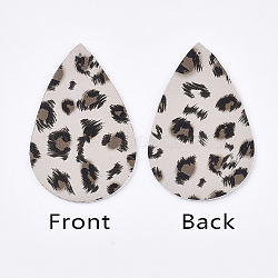 PU Leather Big Pendants, teardrop, with Leopard Print, Antique White, 56.5x37x1.5mm, Hole: 1.5mm(X-FIND-T020-115E)
