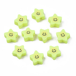 Handmade Polymer Clay Beads, Star with Smiling Face, Green Yellow, 7.5~9x8.5~9x3.5~4mm, Hole: 1.6mm(CLAY-N011-45A-09)