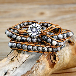 Natural Map Stone Beads Wrap Bracelets, Waxed Cord Bracelets for Women Men, with Alloy Sunflower Buckle, 19.69 inch(50cm)(WG9B6C1-01)