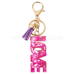 Alloy & Resin Tassel Keychainss, Word LOVE, with Lobster Claw Clasps & Glitter Powder, Golden, Purple, 128mm(AJEW-TADJ0001-20G-09)