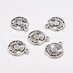 Tibetan Style Alloy Flat Round with Flower Scotland Thistle Pendants, Cadmium Free & Nickel Free & Lead Free, Antique Silver, 19x16x1mm, Hole: 2mm(X-TIBEP-24054-AS-FF)