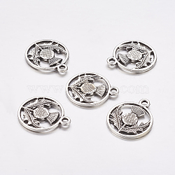 tibetano aleación de estilo plano y redondo con flores colgantes escocia cardo, sin cadmio y sin níquel y sin plomo, plata antigua, 19x16x1 mm, agujero: 2 mm(X-TIBEP-24054-AS-FF)