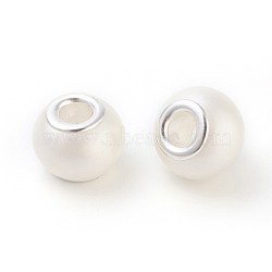 Spray Painted Glass European Beads, Large Hole Rondelle Beads, with Silver Tone Brass Cores, White, 14x11mm, Hole: 5mm(GPDL-J010-23S)