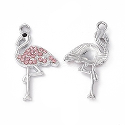 Alloy Rhinestone Pendants, Flamingo Charm, Platinum, Light Padparadscha, 28x15x2.5mm, Hole: 2mm(PALLOY-P287-16P-03)