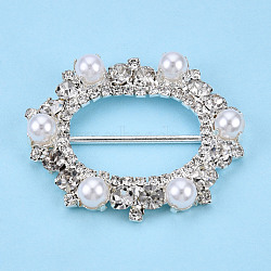 Oval Brass Rhinestone Buckle Clasps, with ABS Plastic Imitation Pearl, For Webbing, Strapping Bags, Garment Accessories, Silver, 40.5x48x10mm(FIND-T067-01S)
