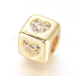 Brass Beads, with Micro Pave Cubic Zirconia, Cube with Heart, Clear, Golden, 6x6x6mm, Hole: 3mm(KK-I657-07G)