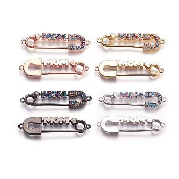 Mother's Day Theme, Brass Micro Pave Cubic Zirconia Links, Safety Pin Shape with Word MOM, Mixed Color, 10x38.5x2.5mm, Hole: 1.5mm