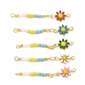 Glass Seed Beads Flower Links Connector Charms, with Rack Plating Real 18K Gold Plated Brass Enamel Findings, Mixed Color, 36.5mm, Hole: 1.2mm and 1.6mm
