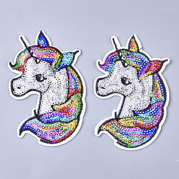Computerized Embroidery Cloth Iron On Patches, with Paillette, Costume Accessories, Appliques, Unicorn, Colorful, 108x69x1.5mm