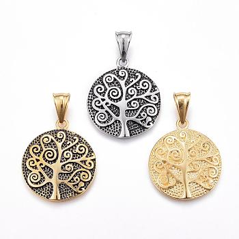 304 Stainless Steel Pendants, Flat Round with Tree, Mixed Color, 31x26x2.5mm, Hole: 8x4mm