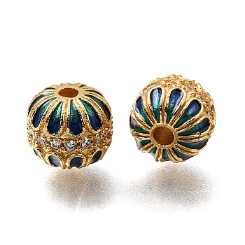 Brass Enamel & Clear Cubic Zirconia Beads, Round, Cadmium Free & Lead Free, Real 24K Gold Plated, Green, 10x9mm, Hole: 2mm
