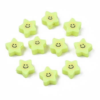 Handmade Polymer Clay Beads, Star with Smiling Face, Green Yellow, 7.5~9x8.5~9x3.5~4mm, Hole: 1.6mm
