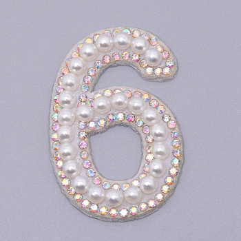 Imitation Pearls Patches, Iron/Sew on Appliques, with Glitter Rhinestone, Costume Accessories, for Clothes, Bag Pants, Number, Num.6, 44.5x29.5x4.5mm