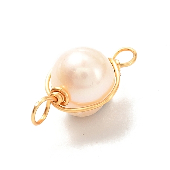 Natural Cultured Freshwater Pearl Beads Links Connectors, with Real 18K Gold Plated Eco-Friendly Copper Wire, Round, Floral White, 18.5~20x7.5~8x7mm, Hole: 2.5mm