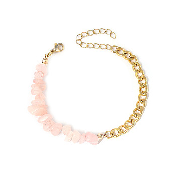 Natural Rose Quartz Beaded Bracelets, with Stainless Steel Chains, 6-3/4 inch(17cm)