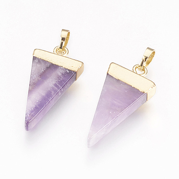Natural Amethyst Pendants, with Brass Findings, Triangle, Golden, 27~29x12~13x4~5mm, Hole: 4x6mm