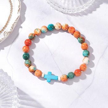 Dyed Synthetic Ocean White Jade & Turquoise Beaded Stretch Bracelets for Men Women, Cross, Turquoise, Inner Diameter: 2-1/8 inch(5.5cm)