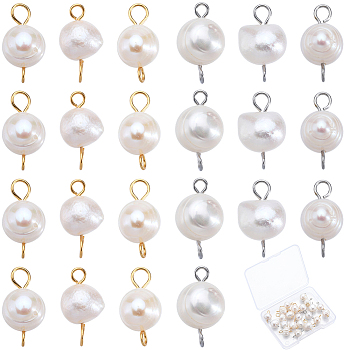 30Pcs 2 Colors Natural Cultured Freshwater Pearl Potato Connector Charms, with Platinum & Golden Tone 304 Stainless Steel Double Loops, Floral White, 16mm, Hole: 2.5mm, 15pcs/color