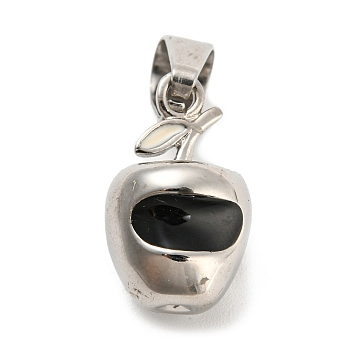 304 Stainless Steel Pendants, with Enamel, Stainless Steel Color, Apple Charm, Black, 20x12x12mm, Hole: 8.5x5.5mm