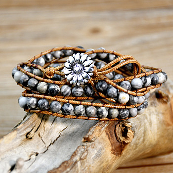 Natural Map Stone Beads Wrap Bracelets, Waxed Cord Bracelets for Women Men, with Alloy Sunflower Buckle, 19.69 inch(50cm)