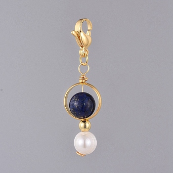 Natural Lapis Lazuli Pendants, with Natural Pearl, Golden Plated Brass Bead Frames and 304 Stainless Steel Lobster Claw Clasps, 41mm
