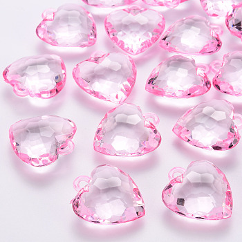 Transparent Acrylic Pendants, Faceted, Heart, Pearl Pink, 31.5x29x12.5mm, Hole: 4mm, about 90pcs/500g