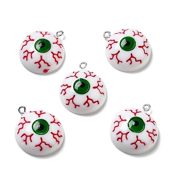 Halloween Opaque Resin Pendants, with Platinum Tone Iron Loops, Half Round with Bloodshot Eye, Green, 27x22.5x8.5mm, Hole: 2mm
