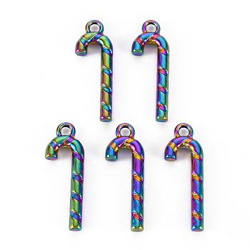 Rainbow Color Alloy Pendants, Cadmium Free & Nickel Free & Lead Free, Christmas Candy Cane, 27x9x3mm, Hole: 2mm