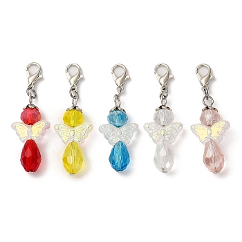 Angel Glass Pendant Decorations, with Zinc Alloy Lobster Claw Clasps, Mixed Color, 45mm, 5pcs/set