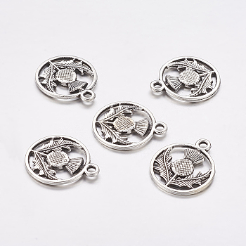 Tibetan Style Alloy Flat Round with Flower Scotland Thistle Pendants, Cadmium Free & Nickel Free & Lead Free, Antique Silver, 19x16x1mm, Hole: 2mm