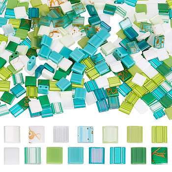 300Pcs 15 Colors 2-Hole Glass Seed Beads, Rectangle, Mixed Color, 5x4.5~5.5x2~2.5mm, Hole: 0.5~0.8mm, 20pcs/color