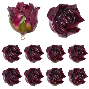 10Pcs Plastic Pendants, Rose Flower Charm, Dark Red, 25~28x22~25x20~23mm, Hole: 1.5mm