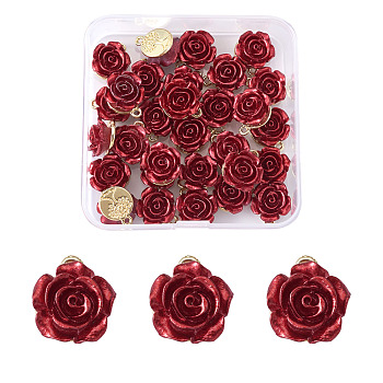 Rack Plating Alloy Pendants, with ABS Plastic, for Valentine's Day, Cadmium Free & Lead Free, 3D Rose Flower, Dark Red, Light Gold, 15x12x8mm, Hole: 1.5mm, 30pcs/box