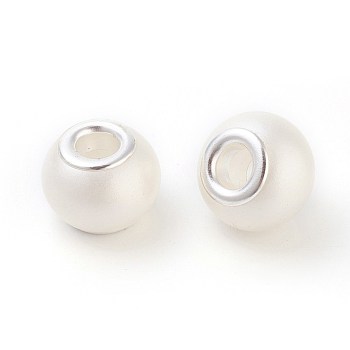 Spray Painted Glass European Beads, Large Hole Rondelle Beads, with Silver Tone Brass Cores, White, 14x11mm, Hole: 5mm