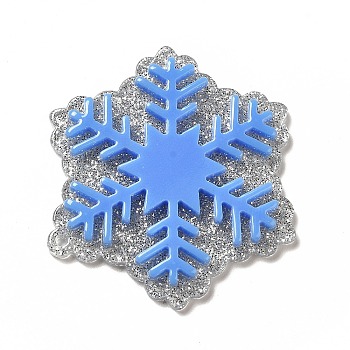 Acrylic Pendants, with Glitter Powder, Snowflake Charm, Cornflower Blue, 45x38x4mm, Hole: 1.4mm