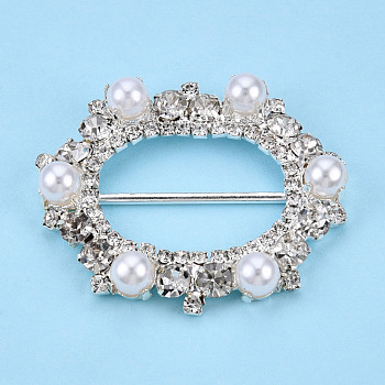 Oval Brass Rhinestone Buckle Clasps, with ABS Plastic Imitation Pearl, For Webbing, Strapping Bags, Garment Accessories, Silver, 40.5x48x10mm