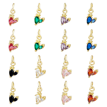 16PCS 8Colors Brass Micro Pave Cubic Zirconia Charms, Real 18K Gold Plated, Cadmium Free & Lead Free, Carrot, Mixed Color, 10x6x2.5mm, Hole: 3.8mm, 2pcs/color