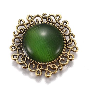 Hollow Retro Plastic Imitation Cat Eye Cabochons, with Antique Gold Plated Alloy Findings, Flower, Green, 23.5x24x4mm