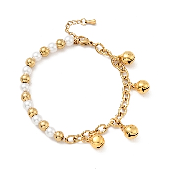 201 Stainless Steel Bell Charms Bracelet, Plastic Pearl Beaded Bracelet with Vacuum Plating 304 Stainless Steel Curb Chains for Women, Golden, 7-1/2 inch(19cm)