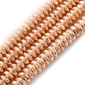 Electroplate Non-magnetic Synthetic Hematite Beads Strands, Grade AA, Long-Lasting Plated, Faceted, Rondelle, Rose Gold Plated, 8x3mm, Hole: 1mm, about 116pcs/strand, 15.7 inch(40cm)