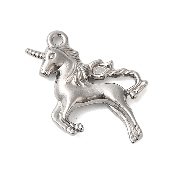 Non-Tarnish 304 Stainless Steel Pendants, Unicorn Charms, Stainless Steel Color, 26x27x4mm, Hole: 1.8mm